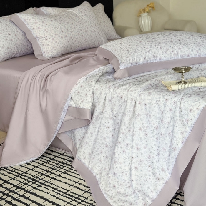 91家纺网 家纺一手货源 找家纺 莱豫家纺 2026新款莱赛尔天丝夏被四件套 浅梦花影粉紫