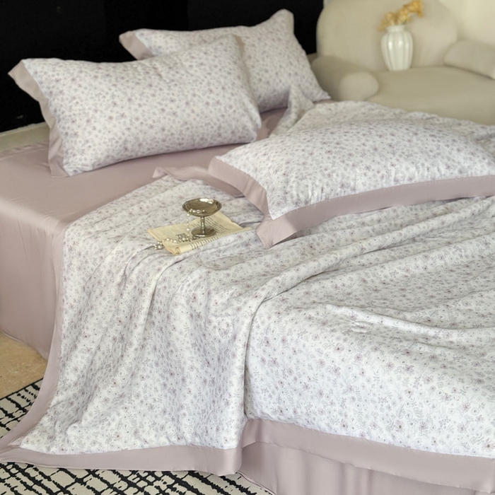 91家纺网 家纺一手货源 找家纺 莱豫家纺 2026新款莱赛尔天丝夏被四件套 浅梦花影粉紫