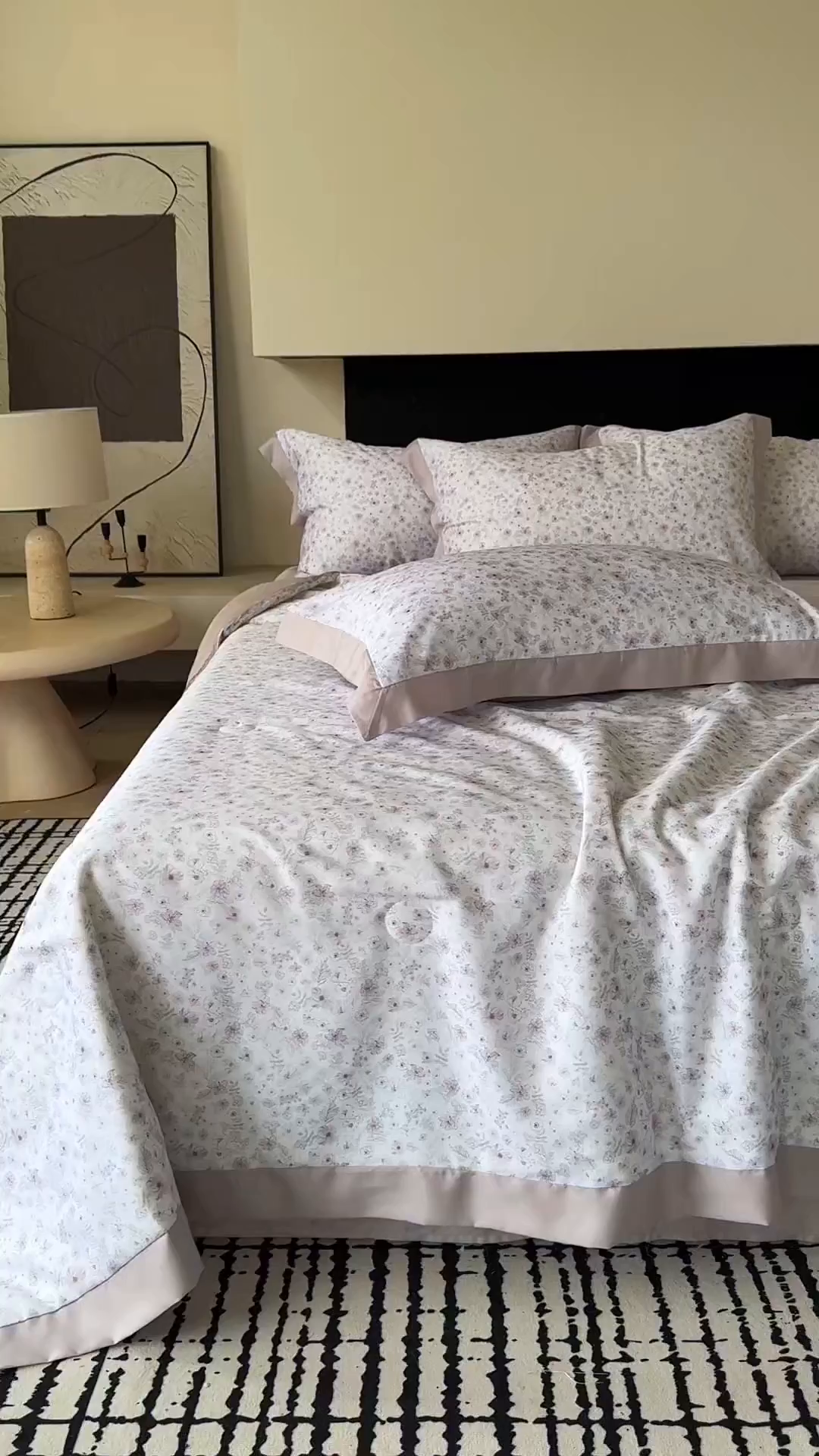 91家纺网 家纺一手货源 找家纺 莱豫家纺 2026新款莱赛尔天丝夏被四件套 浅梦花影粉紫