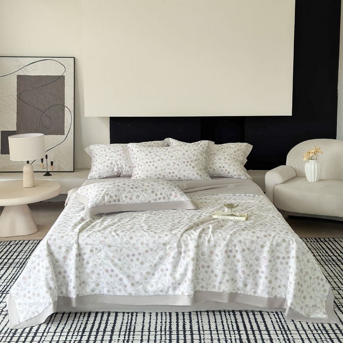 莱豫家纺 2026新款莱赛尔天丝夏被四件套 蔷薇花眠紫灰