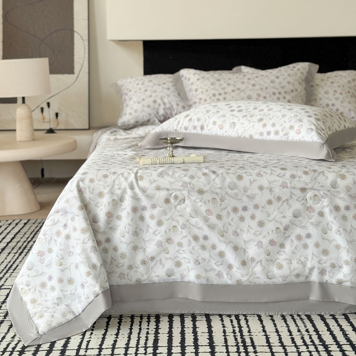 91家纺网 家纺一手货源 找家纺 莱豫家纺 2026新款莱赛尔天丝夏被四件套 蔷薇花眠紫灰