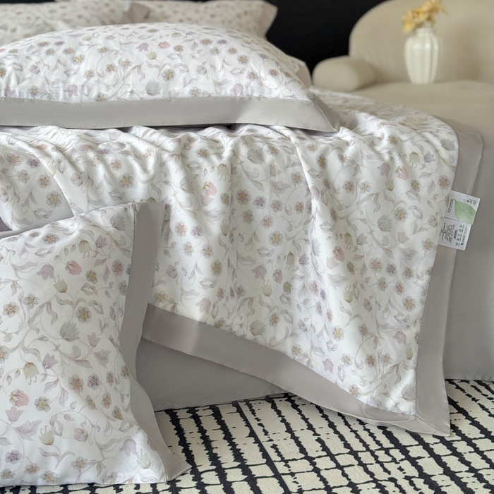 91家纺网 家纺一手货源 找家纺 莱豫家纺 2026新款莱赛尔天丝夏被四件套 蔷薇花眠紫灰