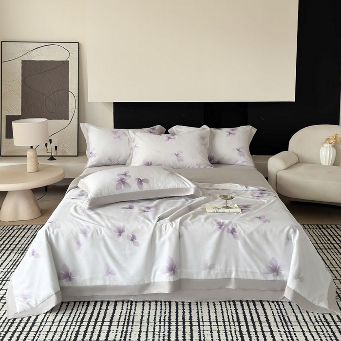 莱豫家纺 2026新款莱赛尔天丝夏被四件套 雾蝶花紫