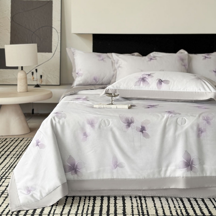 91家纺网 家纺一手货源 找家纺 莱豫家纺 2026新款莱赛尔天丝夏被四件套 雾蝶花紫