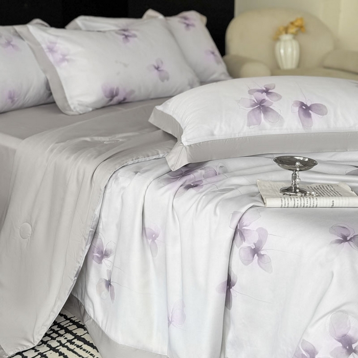 91家纺网 家纺一手货源 找家纺 莱豫家纺 2026新款莱赛尔天丝夏被四件套 雾蝶花紫