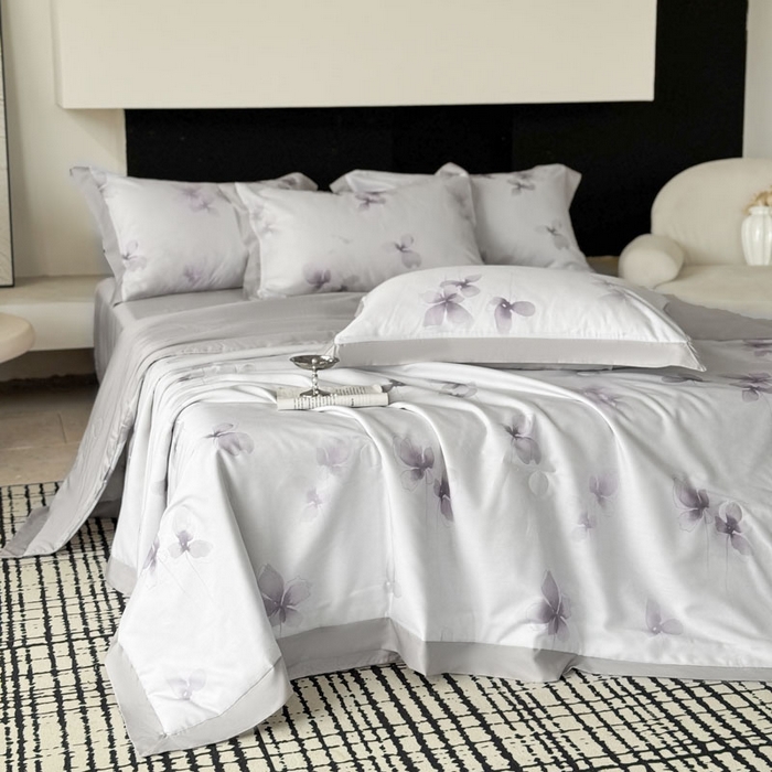 91家纺网 家纺一手货源 找家纺 莱豫家纺 2026新款莱赛尔天丝夏被四件套 雾蝶花紫