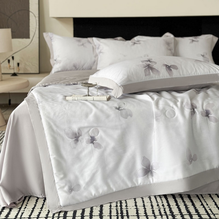 91家纺网 家纺一手货源 找家纺 莱豫家纺 2026新款莱赛尔天丝夏被四件套 雾蝶花紫