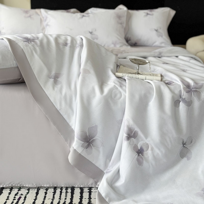 91家纺网 家纺一手货源 找家纺 莱豫家纺 2026新款莱赛尔天丝夏被四件套 雾蝶花紫