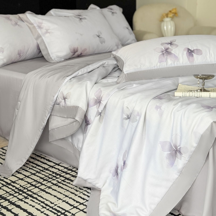 91家纺网 家纺一手货源 找家纺 莱豫家纺 2026新款莱赛尔天丝夏被四件套 雾蝶花紫