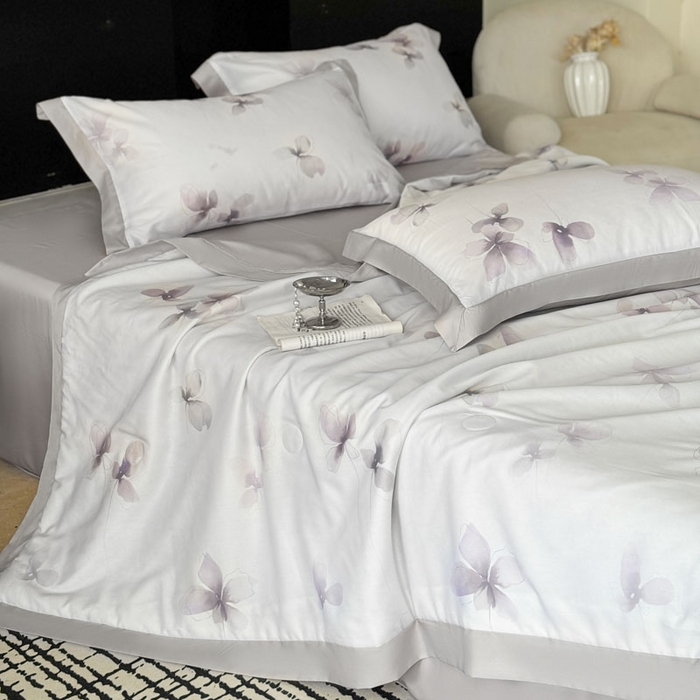 91家纺网 家纺一手货源 找家纺 莱豫家纺 2026新款莱赛尔天丝夏被四件套 雾蝶花紫