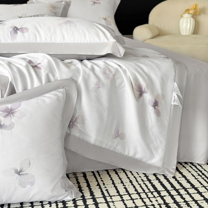 91家纺网 家纺一手货源 找家纺 莱豫家纺 2026新款莱赛尔天丝夏被四件套 雾蝶花紫