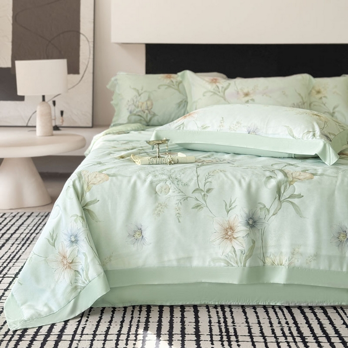 91家纺网 家纺一手货源 找家纺 莱豫家纺 2026新款莱赛尔天丝夏被四件套 愈沐调绿