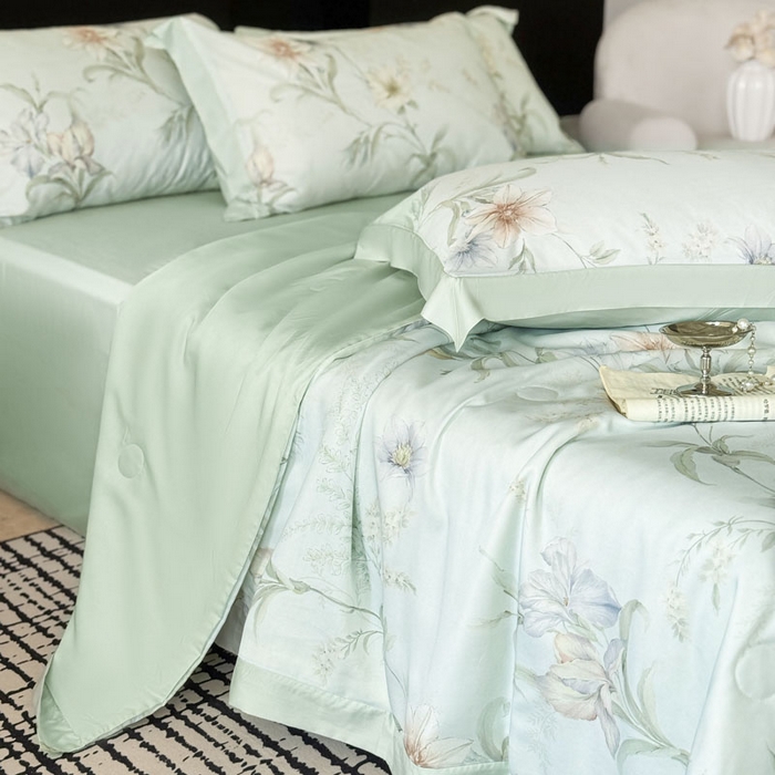 91家纺网 家纺一手货源 找家纺 莱豫家纺 2026新款莱赛尔天丝夏被四件套 愈沐调绿