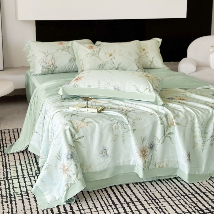 91家纺网 家纺一手货源 找家纺 莱豫家纺 2026新款莱赛尔天丝夏被四件套 愈沐调绿