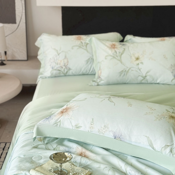 91家纺网 家纺一手货源 找家纺 莱豫家纺 2026新款莱赛尔天丝夏被四件套 愈沐调绿