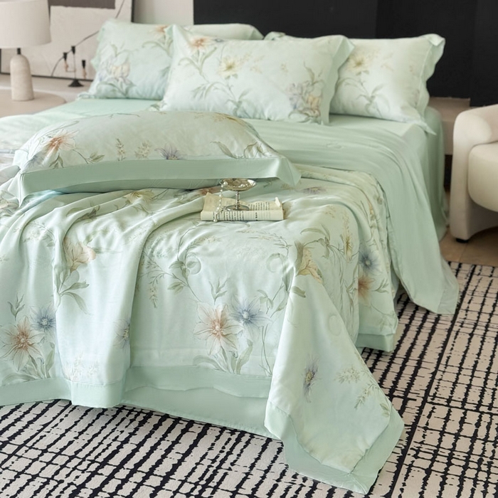 91家纺网 家纺一手货源 找家纺 莱豫家纺 2026新款莱赛尔天丝夏被四件套 愈沐调绿