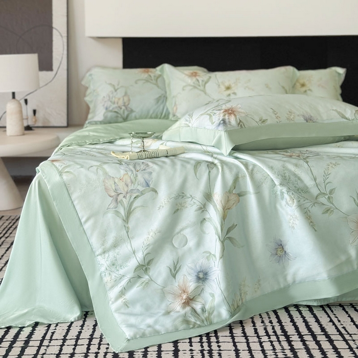 91家纺网 家纺一手货源 找家纺 莱豫家纺 2026新款莱赛尔天丝夏被四件套 愈沐调绿