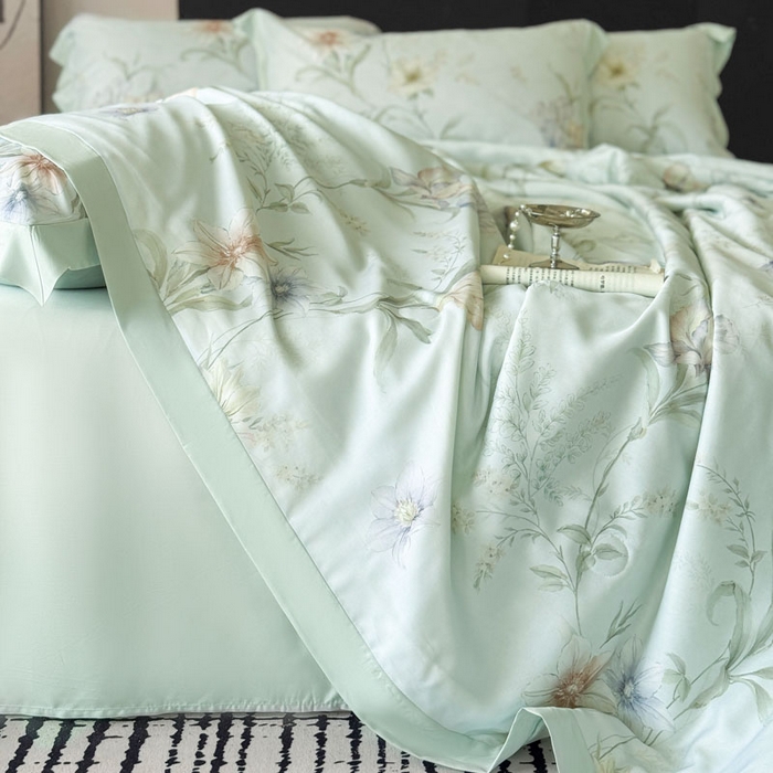 91家纺网 家纺一手货源 找家纺 莱豫家纺 2026新款莱赛尔天丝夏被四件套 愈沐调绿