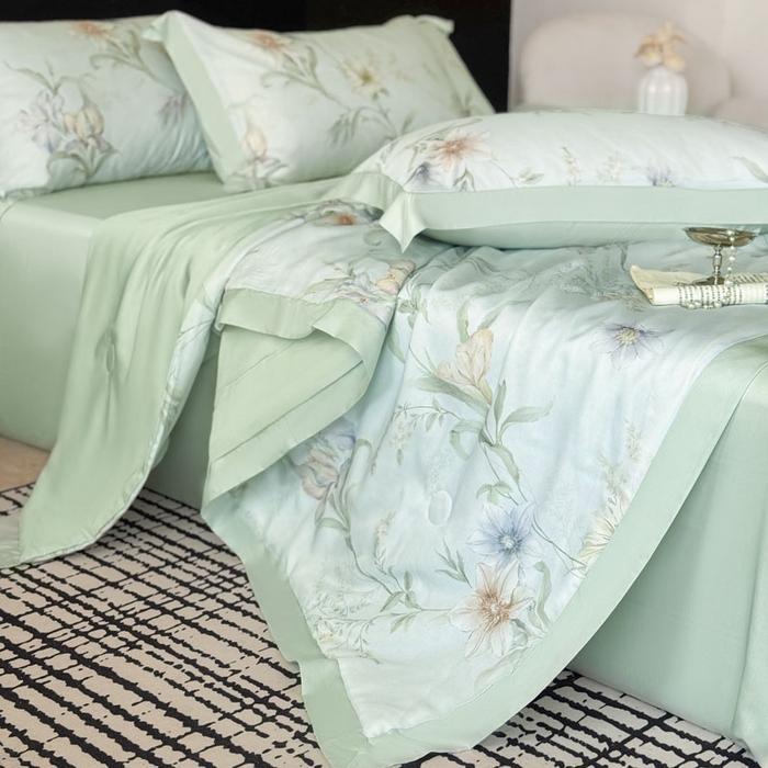 91家纺网 家纺一手货源 找家纺 莱豫家纺 2026新款莱赛尔天丝夏被四件套 愈沐调绿