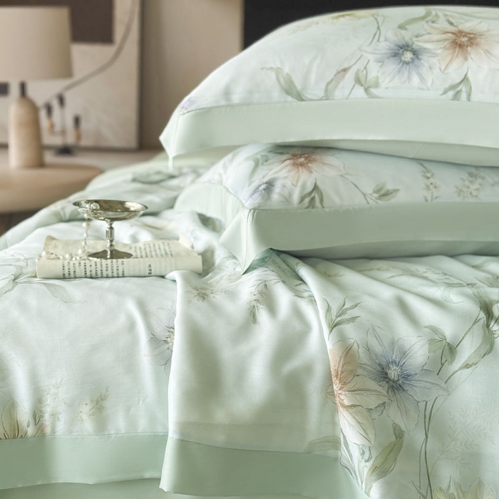 91家纺网 家纺一手货源 找家纺 莱豫家纺 2026新款莱赛尔天丝夏被四件套 愈沐调绿