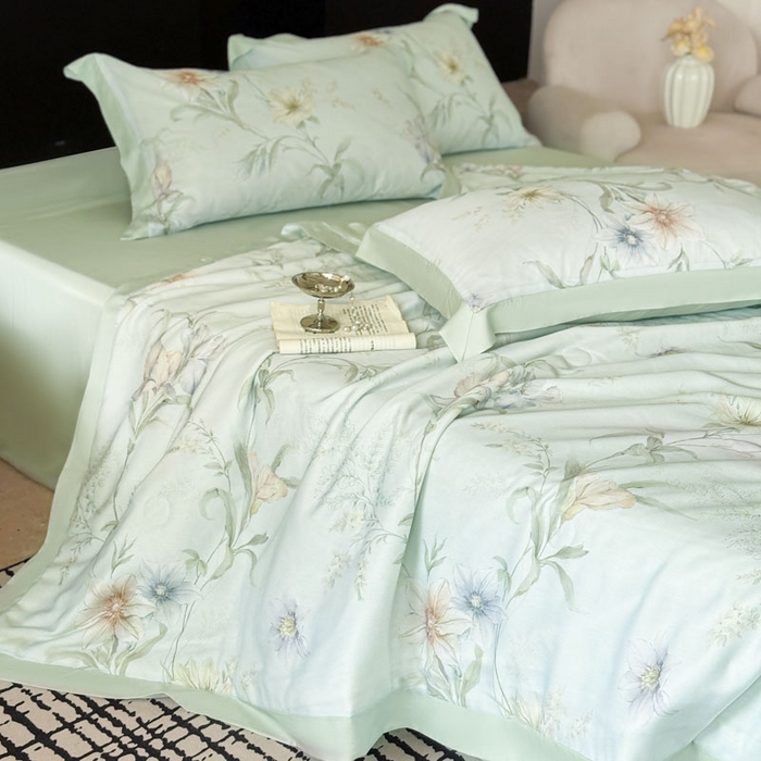 91家纺网 家纺一手货源 找家纺 莱豫家纺 2026新款莱赛尔天丝夏被四件套 愈沐调绿