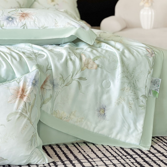 91家纺网 家纺一手货源 找家纺 莱豫家纺 2026新款莱赛尔天丝夏被四件套 愈沐调绿