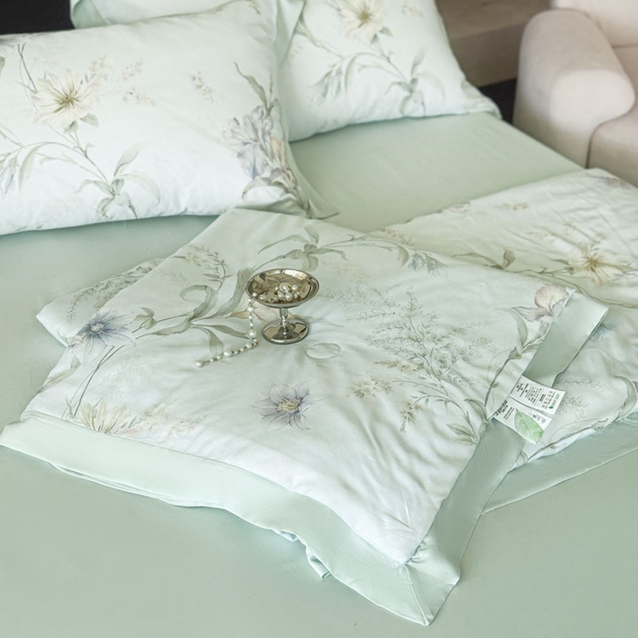 91家纺网 家纺一手货源 找家纺 莱豫家纺 2026新款莱赛尔天丝夏被四件套 愈沐调绿