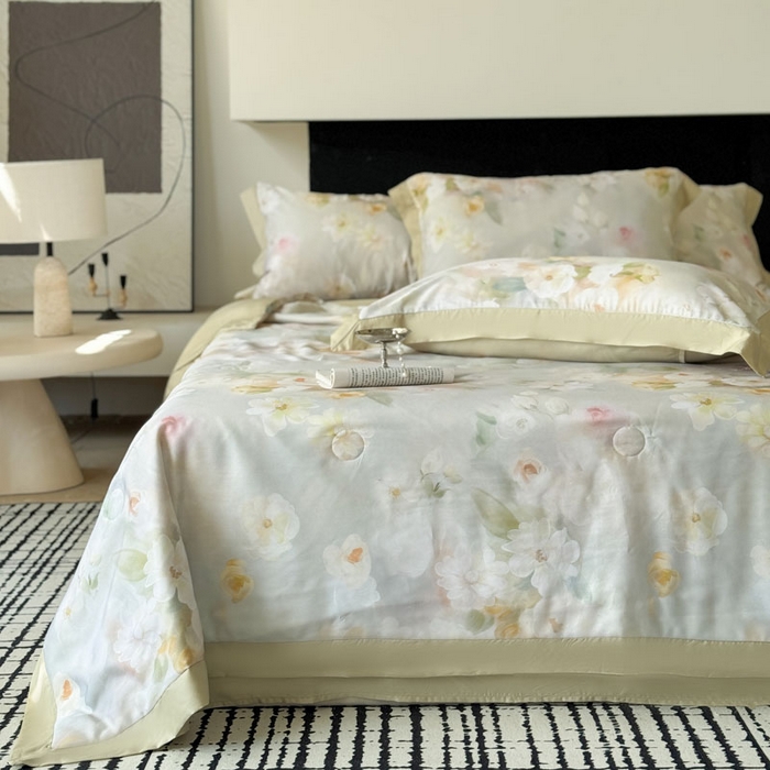 91家纺网 家纺一手货源 找家纺 莱豫家纺 2026新款莱赛尔天丝夏被四件套 云间素语绿