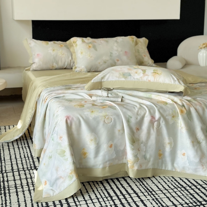 91家纺网 家纺一手货源 找家纺 莱豫家纺 2026新款莱赛尔天丝夏被四件套 云间素语绿