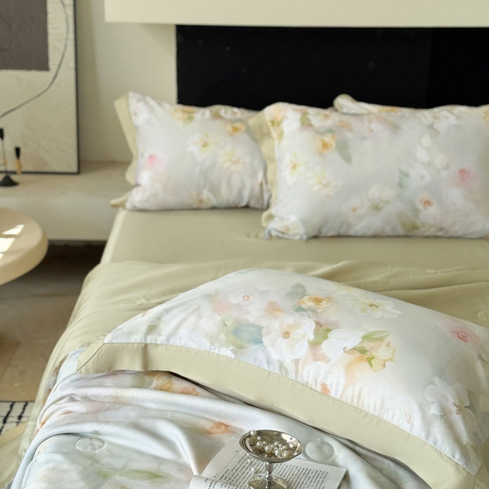 91家纺网 家纺一手货源 找家纺 莱豫家纺 2026新款莱赛尔天丝夏被四件套 云间素语绿