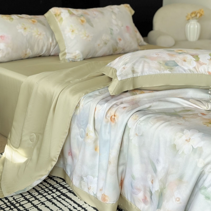 91家纺网 家纺一手货源 找家纺 莱豫家纺 2026新款莱赛尔天丝夏被四件套 云间素语绿