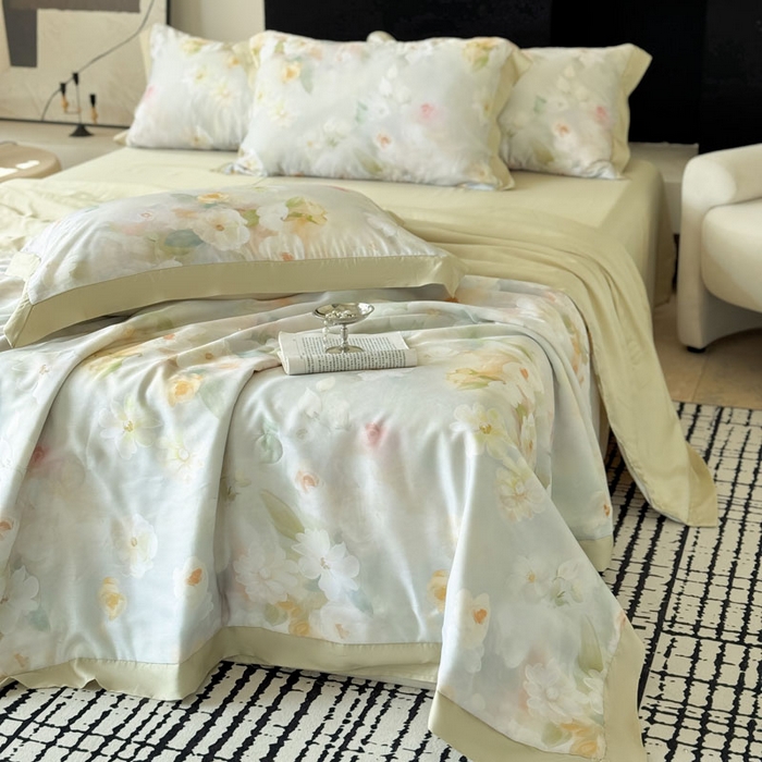 91家纺网 家纺一手货源 找家纺 莱豫家纺 2026新款莱赛尔天丝夏被四件套 云间素语绿