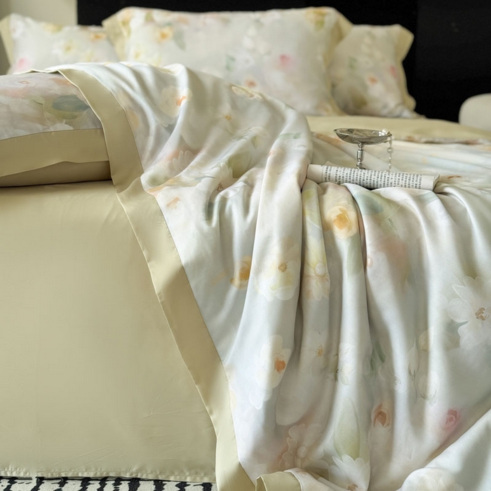 91家纺网 家纺一手货源 找家纺 莱豫家纺 2026新款莱赛尔天丝夏被四件套 云间素语绿