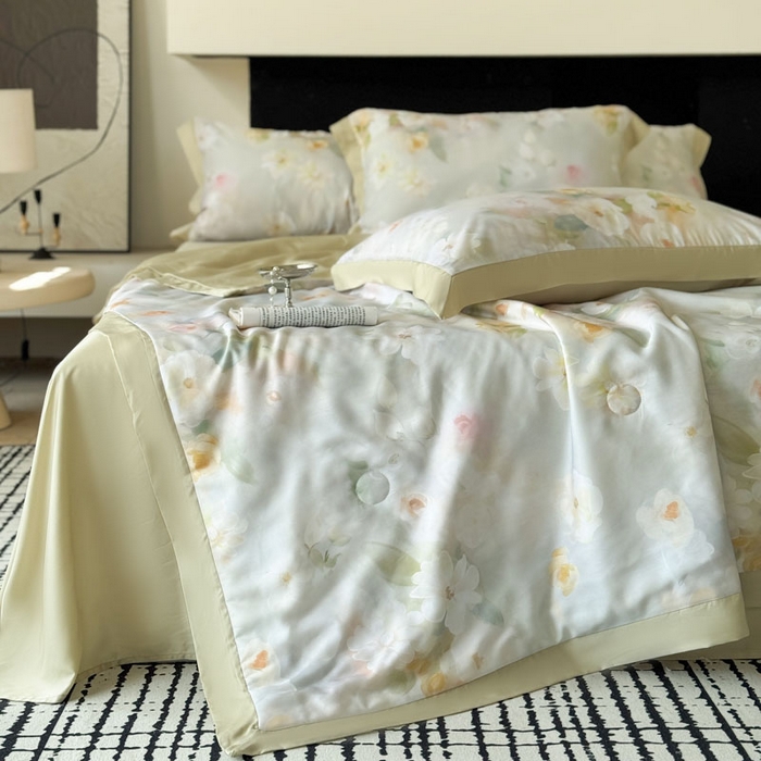 91家纺网 家纺一手货源 找家纺 莱豫家纺 2026新款莱赛尔天丝夏被四件套 云间素语绿