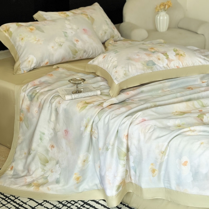 91家纺网 家纺一手货源 找家纺 莱豫家纺 2026新款莱赛尔天丝夏被四件套 云间素语绿