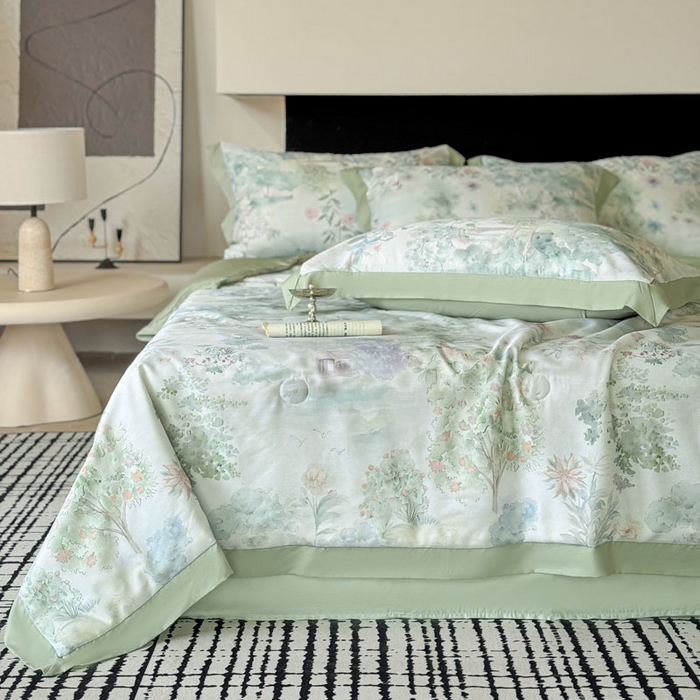 91家纺网 家纺一手货源 找家纺 莱豫家纺 2026新款莱赛尔天丝夏被四件套 早春的树