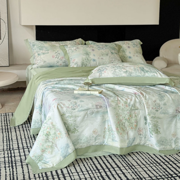 91家纺网 家纺一手货源 找家纺 莱豫家纺 2026新款莱赛尔天丝夏被四件套 早春的树