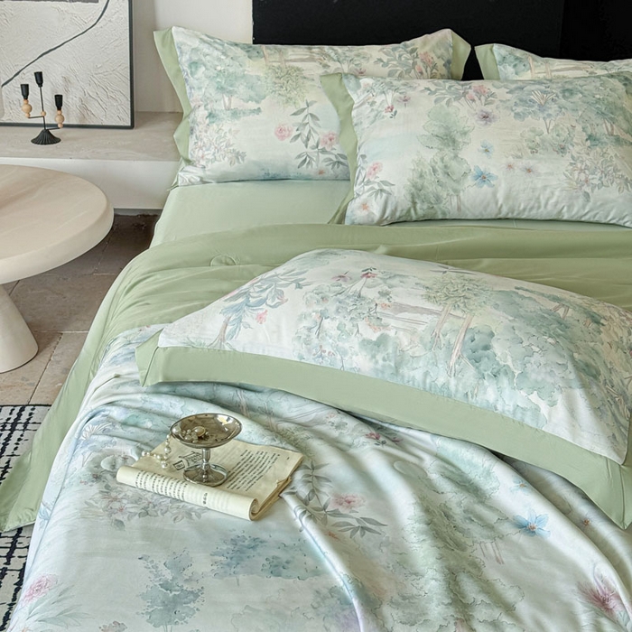 91家纺网 家纺一手货源 找家纺 莱豫家纺 2026新款莱赛尔天丝夏被四件套 早春的树