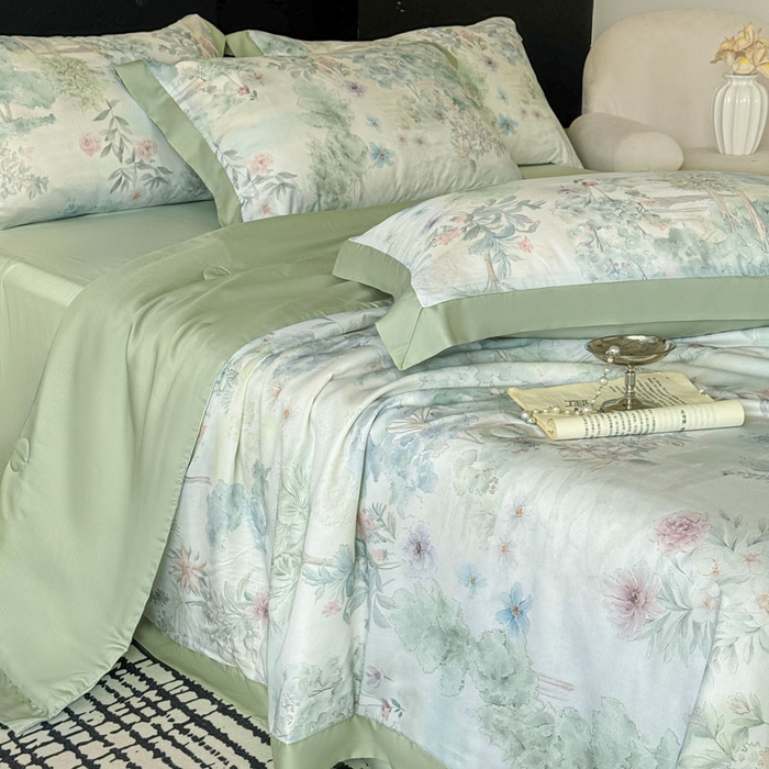 91家纺网 家纺一手货源 找家纺 莱豫家纺 2026新款莱赛尔天丝夏被四件套 早春的树