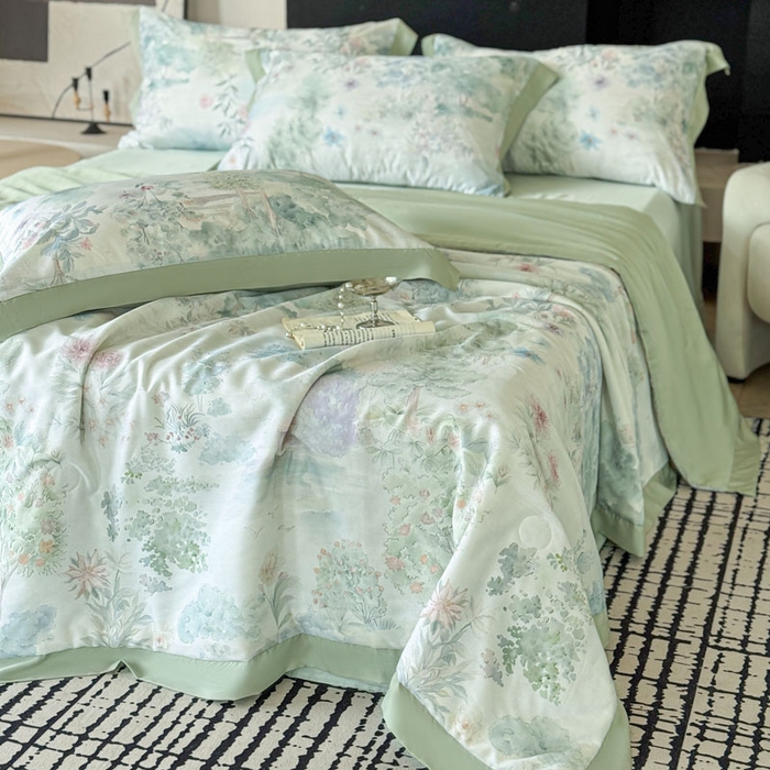 91家纺网 家纺一手货源 找家纺 莱豫家纺 2026新款莱赛尔天丝夏被四件套 早春的树