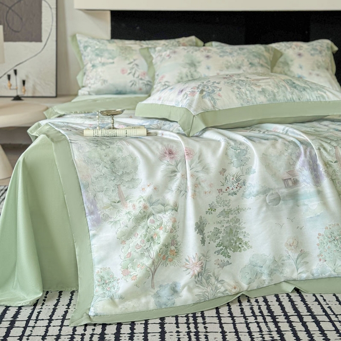 91家纺网 家纺一手货源 找家纺 莱豫家纺 2026新款莱赛尔天丝夏被四件套 早春的树