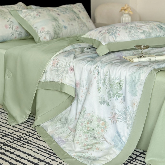 91家纺网 家纺一手货源 找家纺 莱豫家纺 2026新款莱赛尔天丝夏被四件套 早春的树