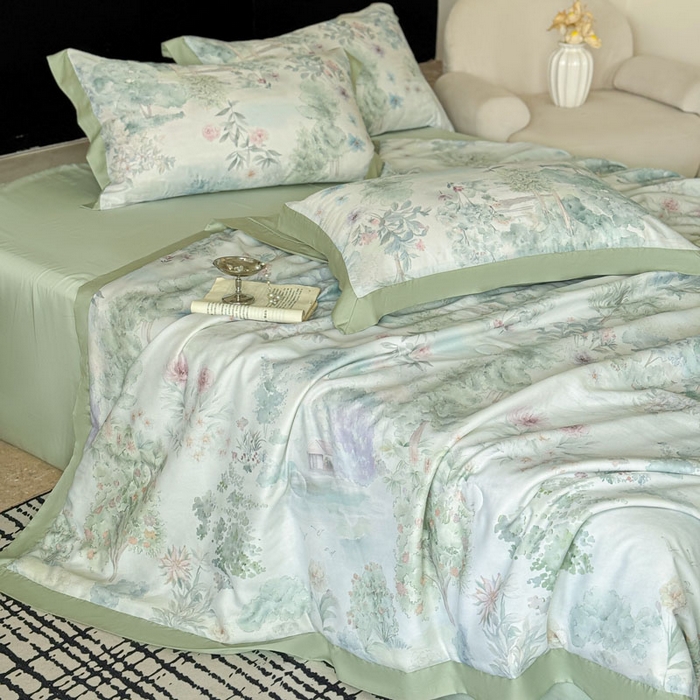 91家纺网 家纺一手货源 找家纺 莱豫家纺 2026新款莱赛尔天丝夏被四件套 早春的树