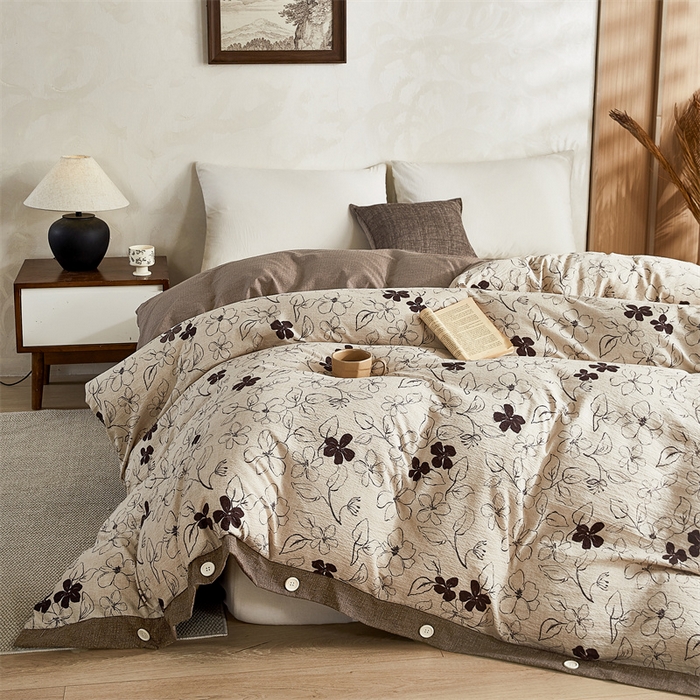 91家纺网 家纺一手货源 找家纺 圣比熊 2026新款A类原麻纽扣加厚被套床单宿舍双人床仿亚麻被子 花涧-灰