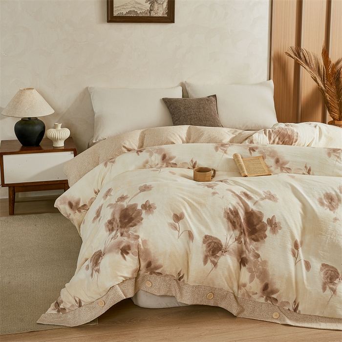 91家纺网 家纺一手货源 找家纺 （总）圣比熊 2026新款A类原麻纽扣加厚被套床单宿舍双人床仿亚麻被子