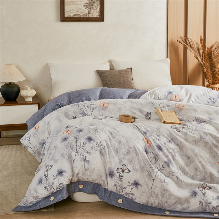 圣比熊 2026新款A类原麻纽扣加厚被套床单宿舍双人床仿亚麻被子 花与蝶