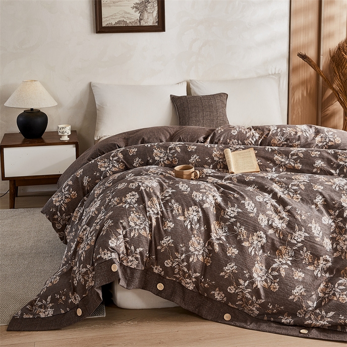 梦舒羽 2026新款A类原麻纽扣加厚被套床单宿舍双人床仿亚麻被子 金锦