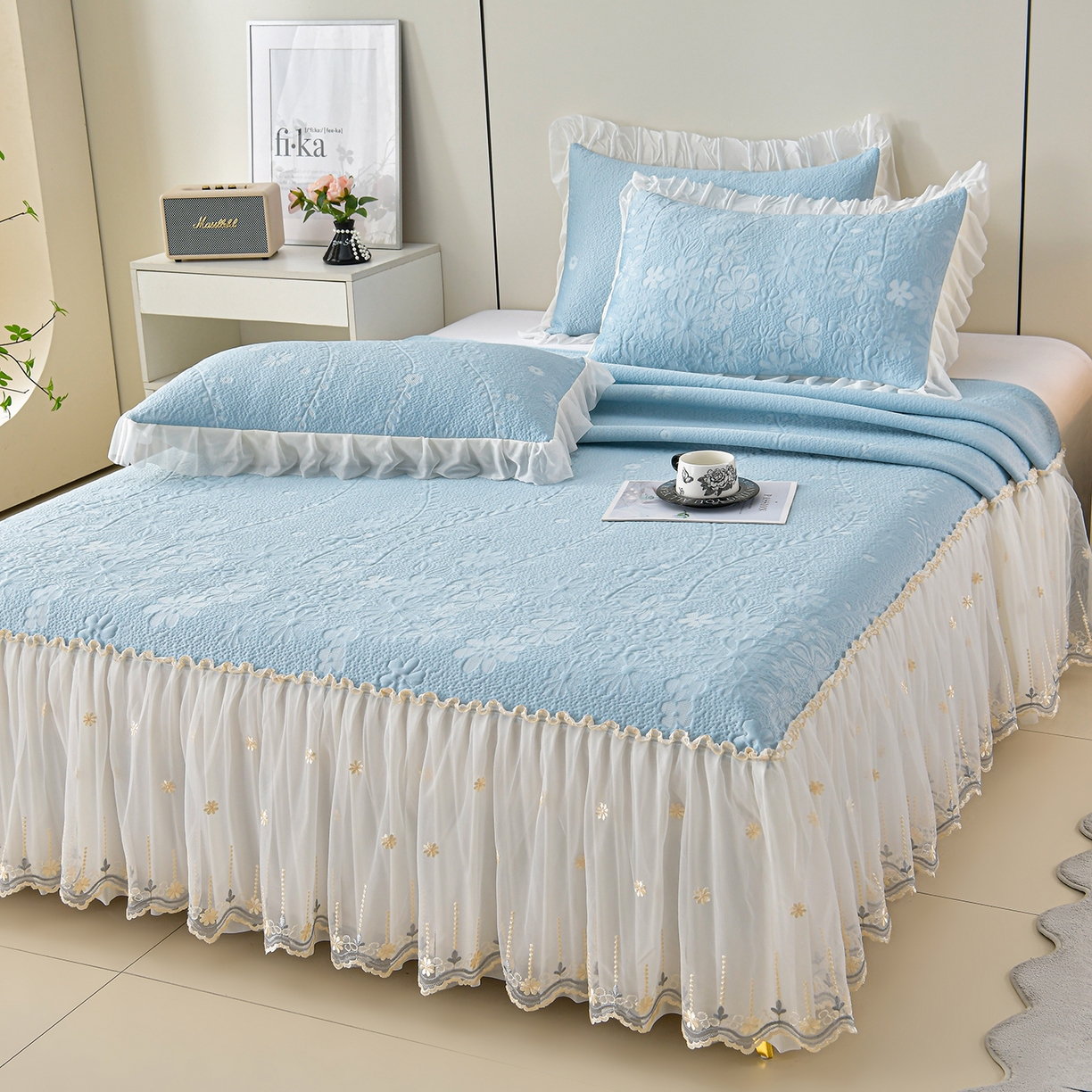 91家纺网 家纺一手货源 找家纺 民新家纺 2026新款3D立体冰豆豆席床裙三件套 漫舞-蓝