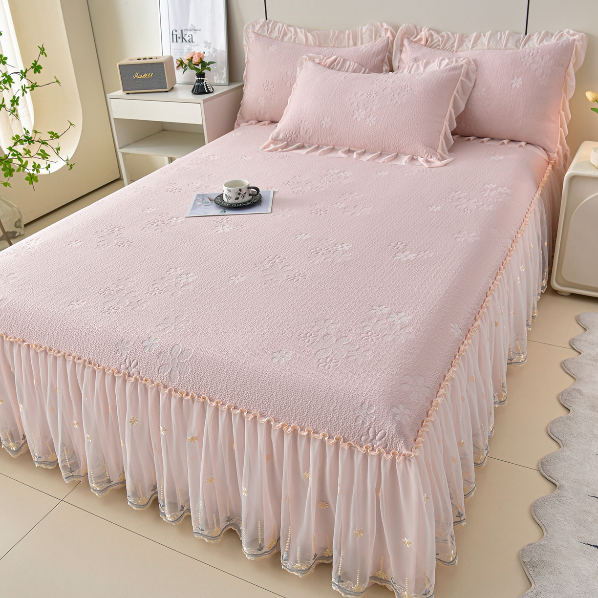 民新家纺 2026新款3D立体冰豆豆席床裙三件套 幸运花朵-粉