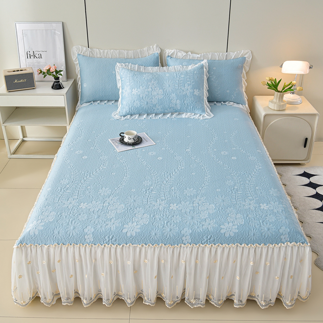 91家纺网 家纺一手货源 找家纺 民新家纺 2026新款3D立体冰豆豆席床裙三件套 漫舞-蓝